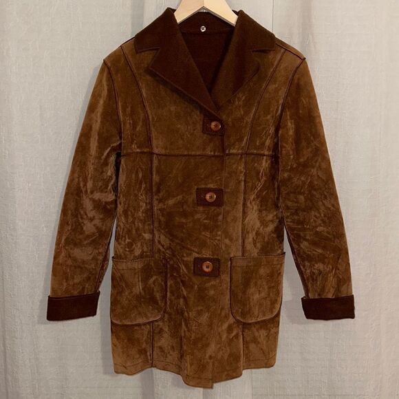 Faux Suede M Brown Button Front Collared Jacket with Pockets - Picture 1 of 10